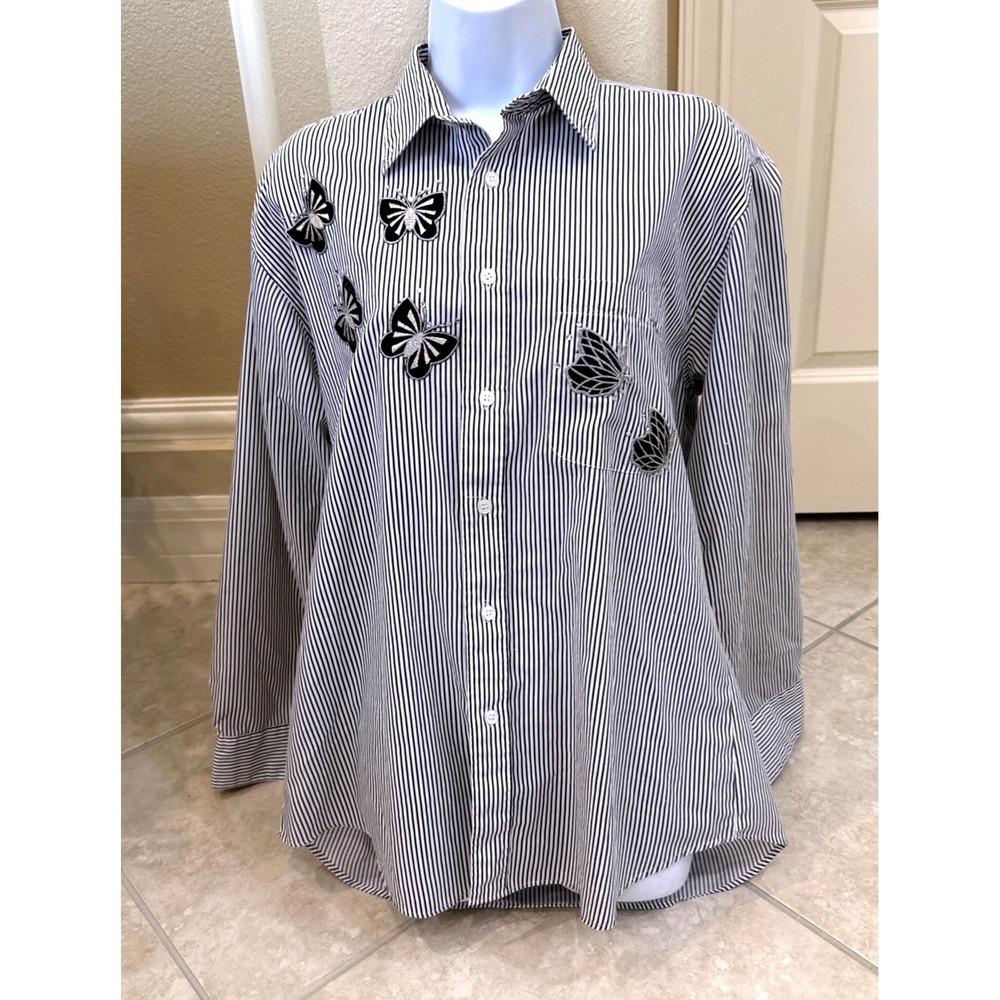 Mili Striped Button Down Shirt Black White Butterfly Rhinestone Applique Sz M